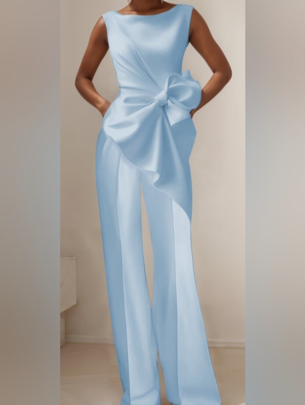 NWT- FEHAUTE Boat Neck Sleeveles Bow Wide Leg Jumpsuit In Ligh Blue